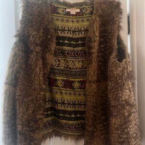 Brown Faux Fur Vest with Patterned Lining